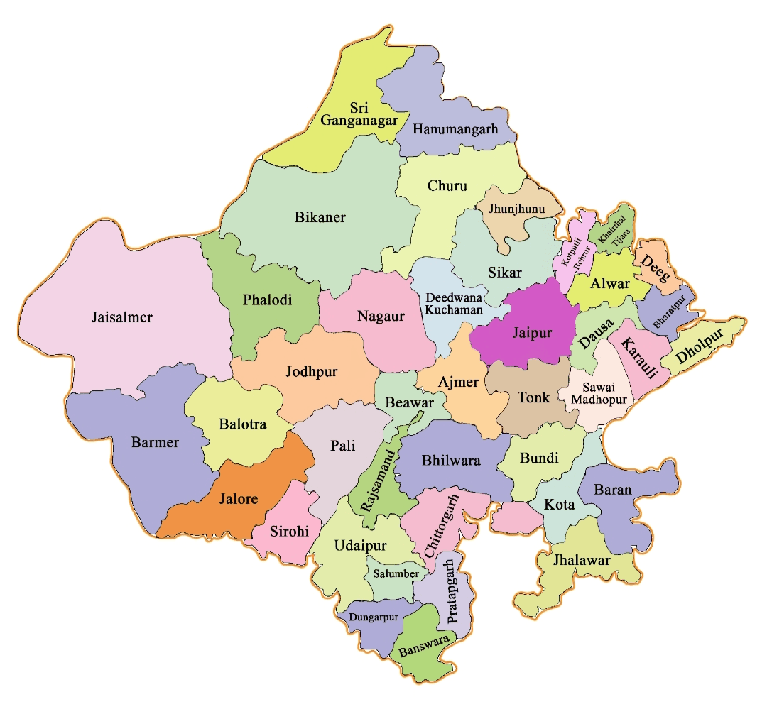 Rajasthan district map with MNSS active operational districts highlighted
